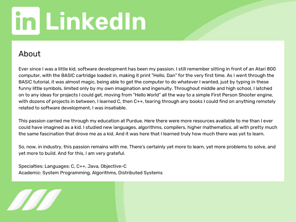LinkedIn summary examples: Software Engineer