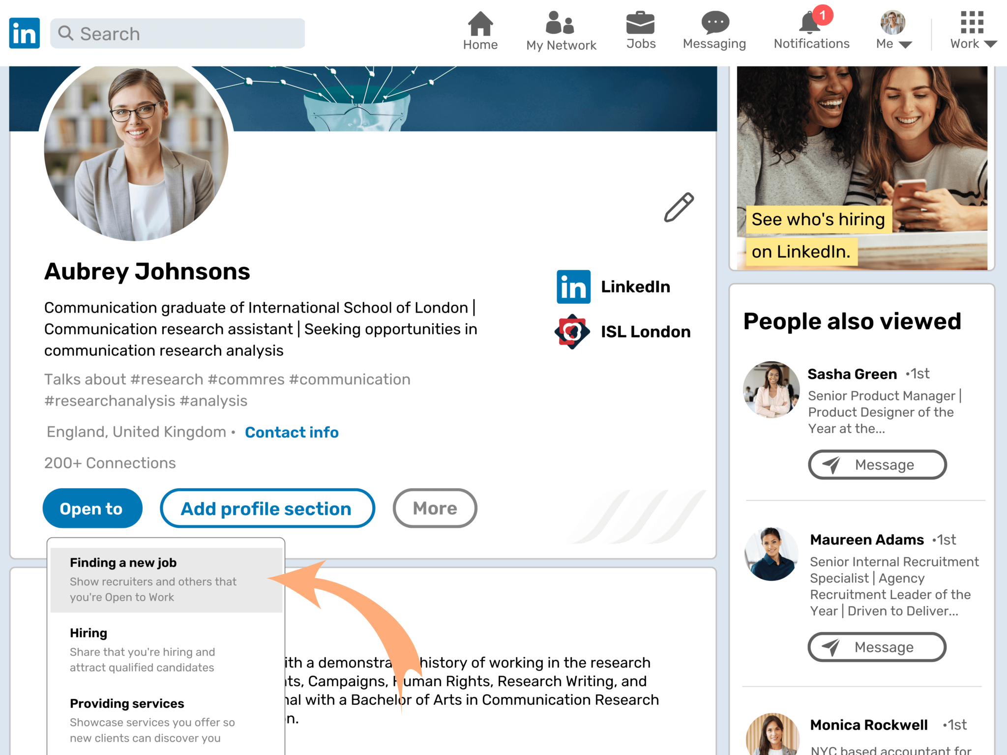 Linkedin opentowork and hiring features dripify