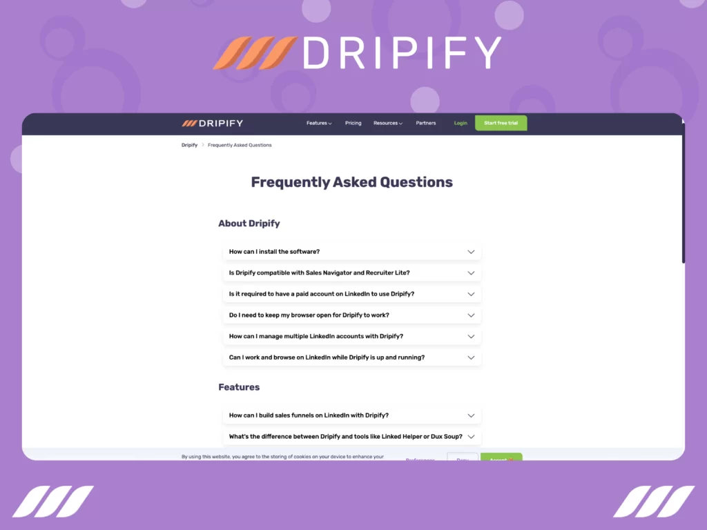 Dripify FAQ Page Example